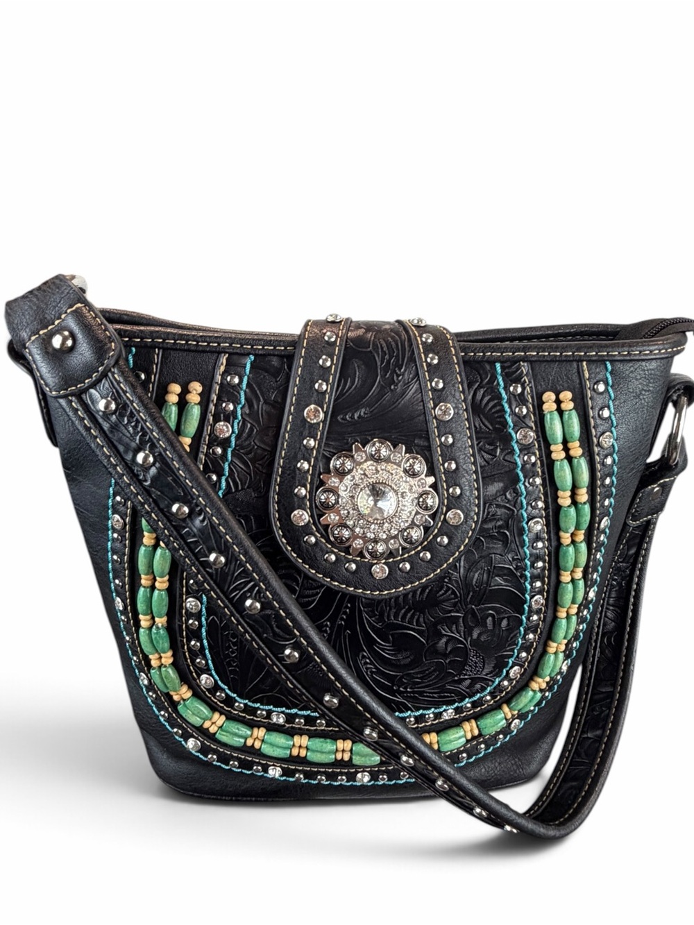 Montana West Black Tooled Floral Turquoise Beaded Rhinestone Concho Handbag